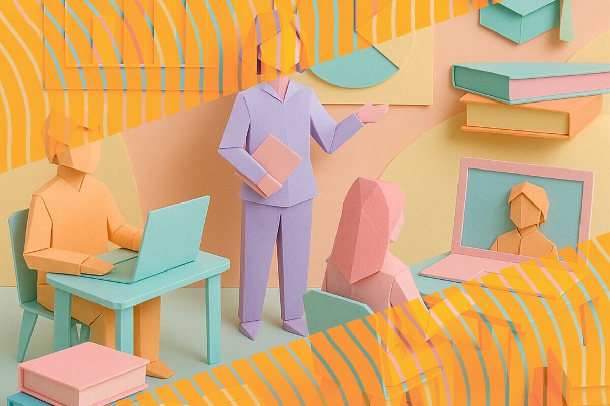 Abstract illustration of students choosing between online and on-campus participation