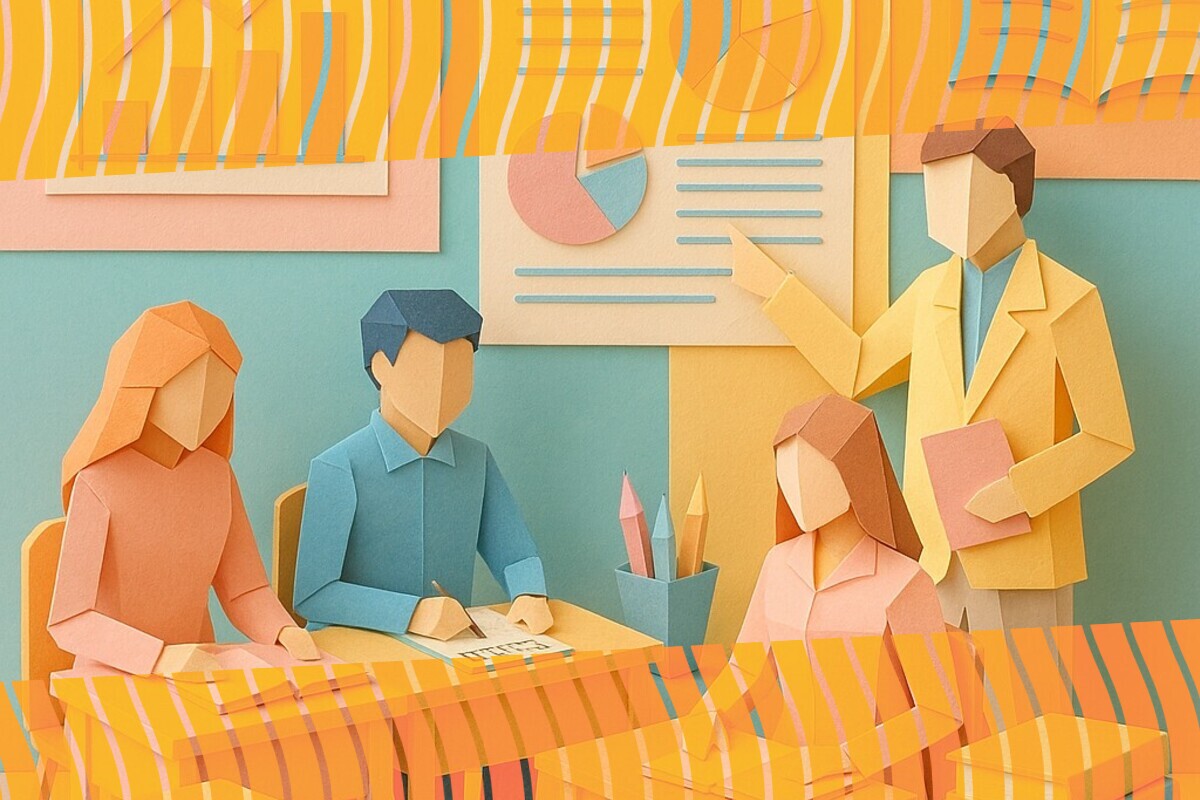 Abstract illustration representing students and staff shaping a teaching evaluation survey together