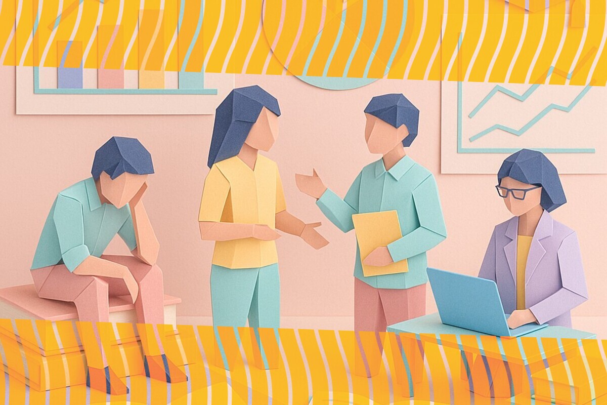 Abstract illustration of students weighing career opportunities against workload, timing, and confidence