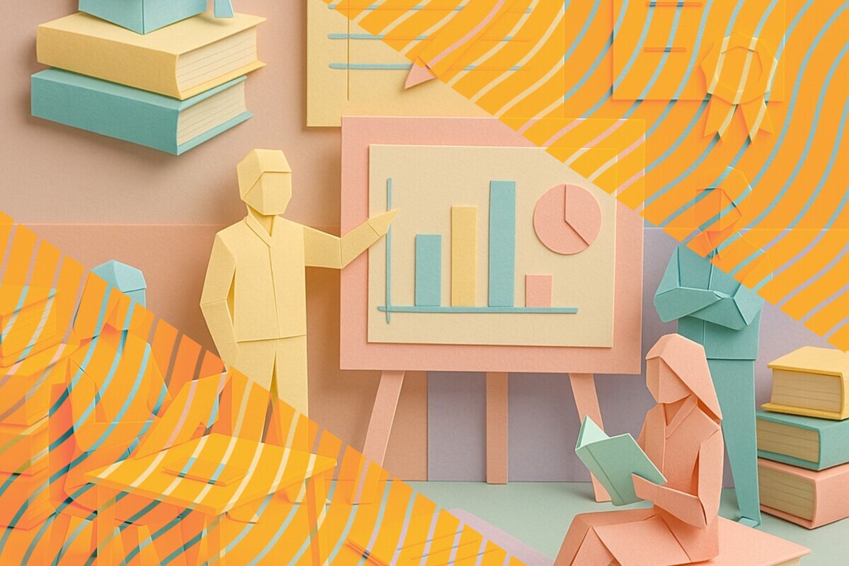 Abstract illustration of students and academics co-designing a teaching evaluation form