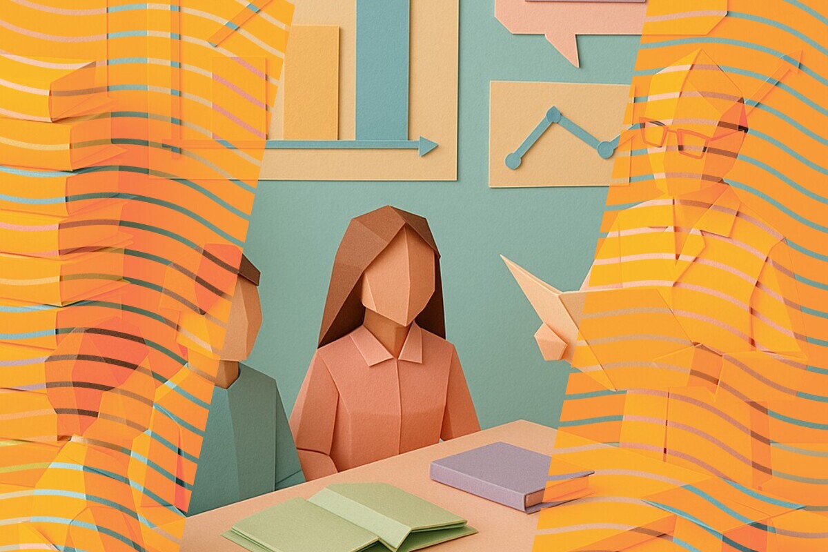 Abstract illustration of university staff discussing student evaluation feedback together