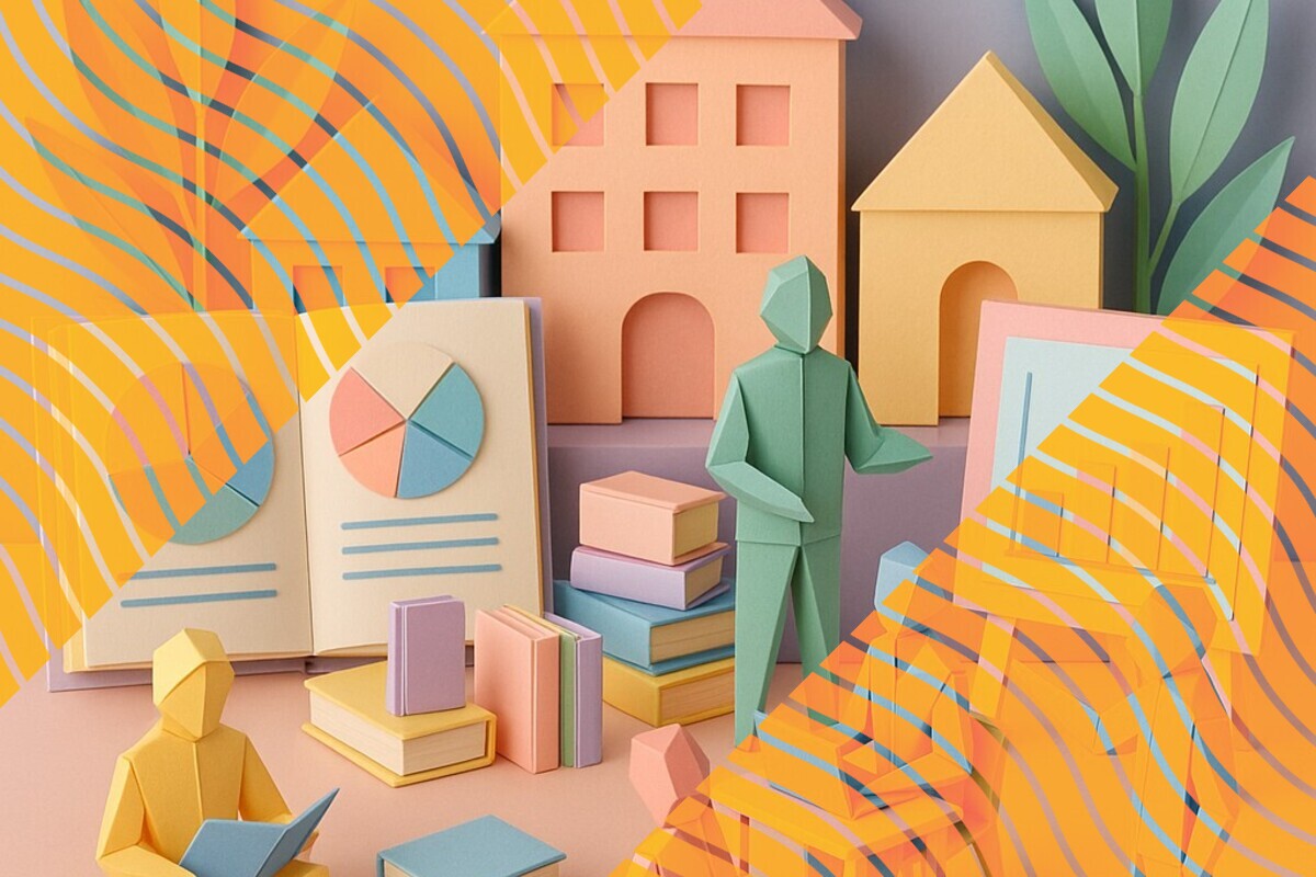Abstract illustration representing student community wellbeing through campus connection, shared space, and university culture