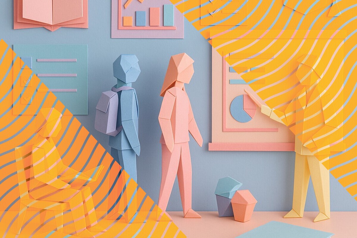 Abstract illustration representing institutional conditions, curriculum relevance, and student engagement in higher education