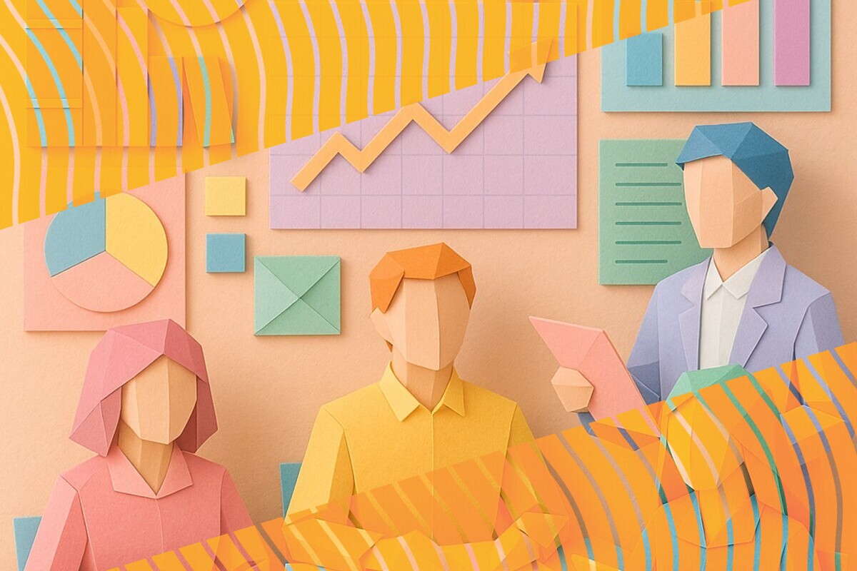 Abstract illustration of a university student feedback loop linking surveys, analysis, action, and communication