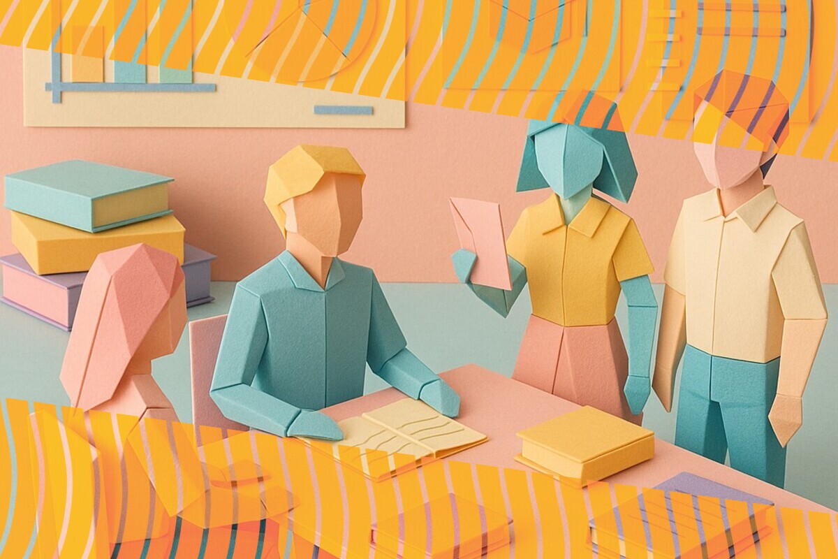Abstract illustration representing students, academics, and a students' union working together to review teaching in higher education