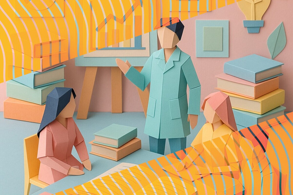 Abstract illustration representing students and staff reviewing assessment design and feedback together in higher education