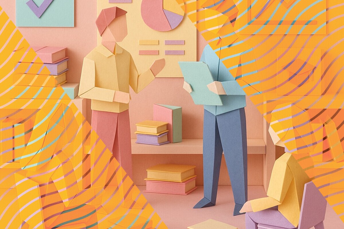 Abstract illustration of students sharing course feedback while teaching staff review a visual report and make live module changes