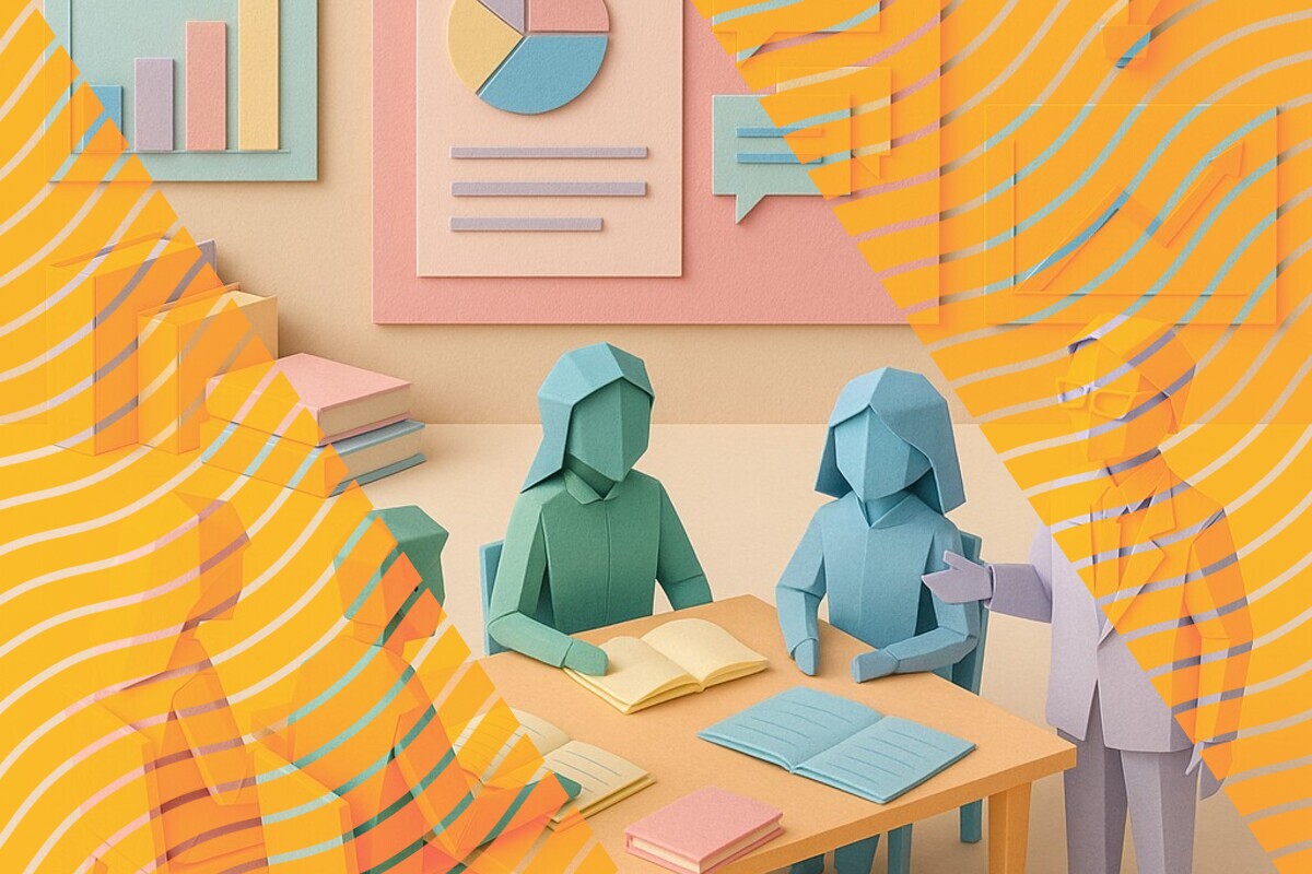 Abstract illustration representing a university student council, anonymous feedback, and collaborative decision-making in higher education
