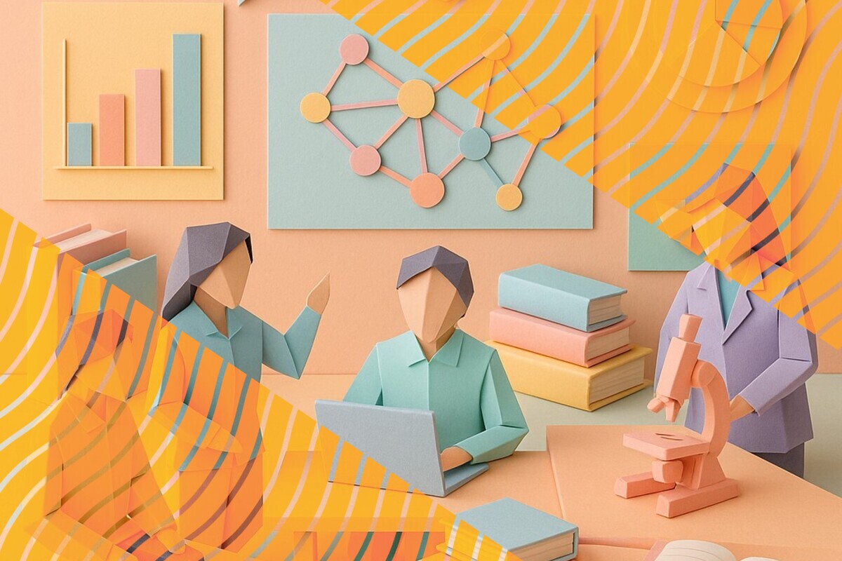 Abstract illustration representing a hybrid university community space, student co-creation, and belonging in higher education