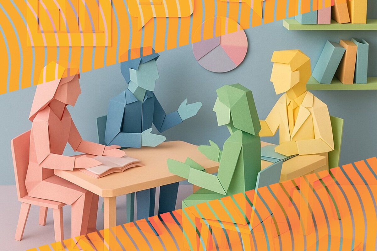 Abstract illustration representing students and staff discussing assessment feedback in a low-pressure university setting
