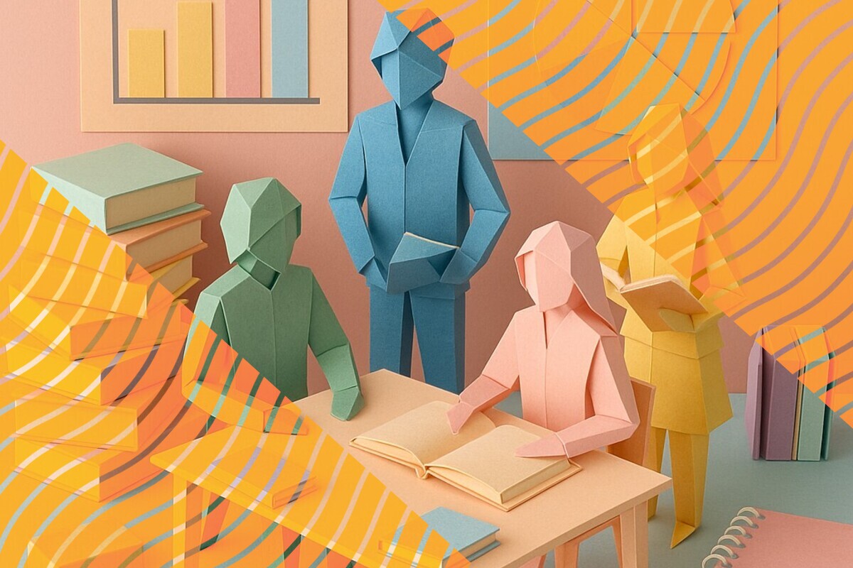 Abstract illustration representing university friendship networks, collaborative study, and student belonging