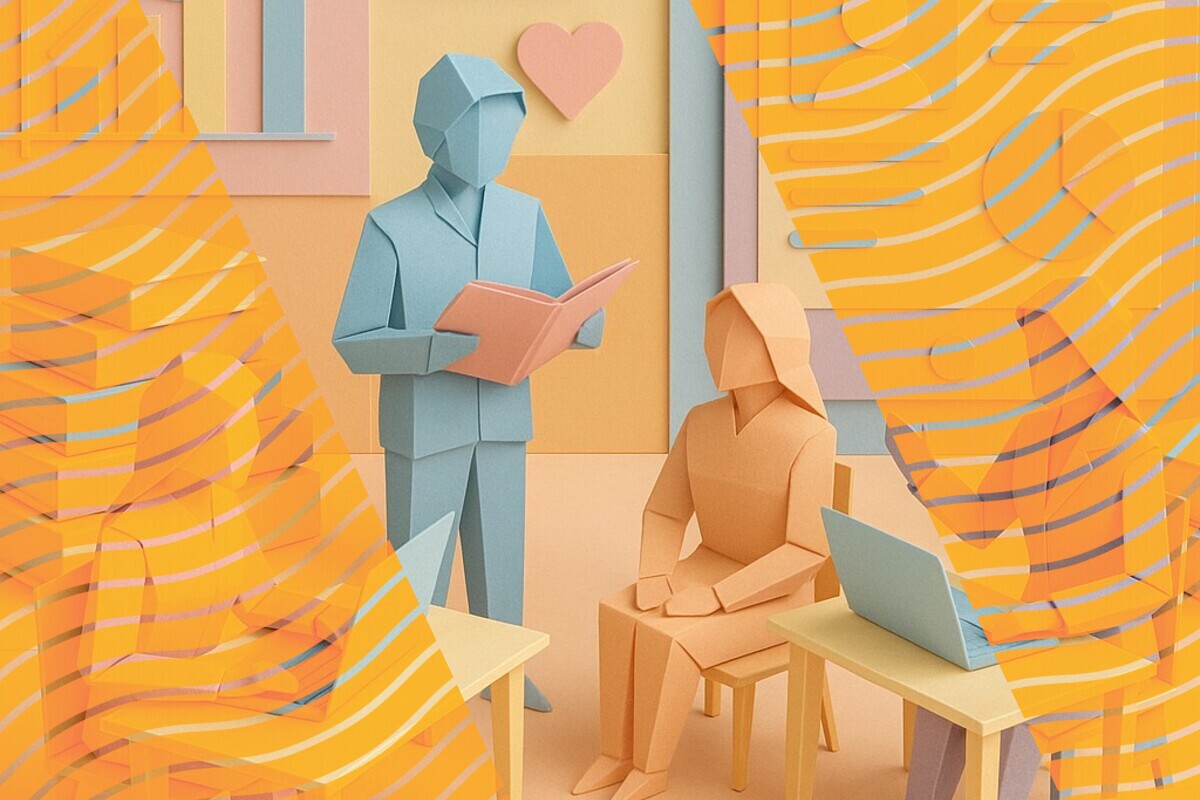 Abstract illustration representing digital learning platforms, student feedback, motivation, and emotional support in higher education