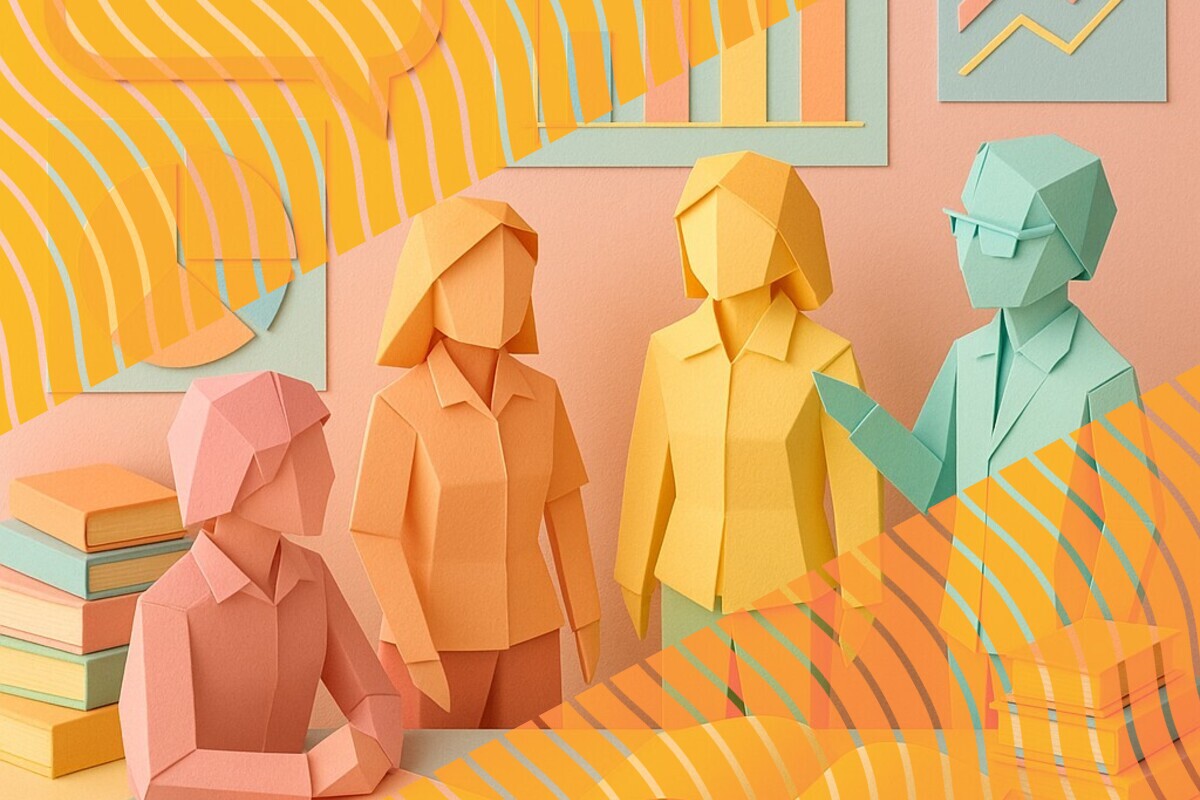 Abstract illustration representing student evaluations, academic judgement, and dialogue in higher education