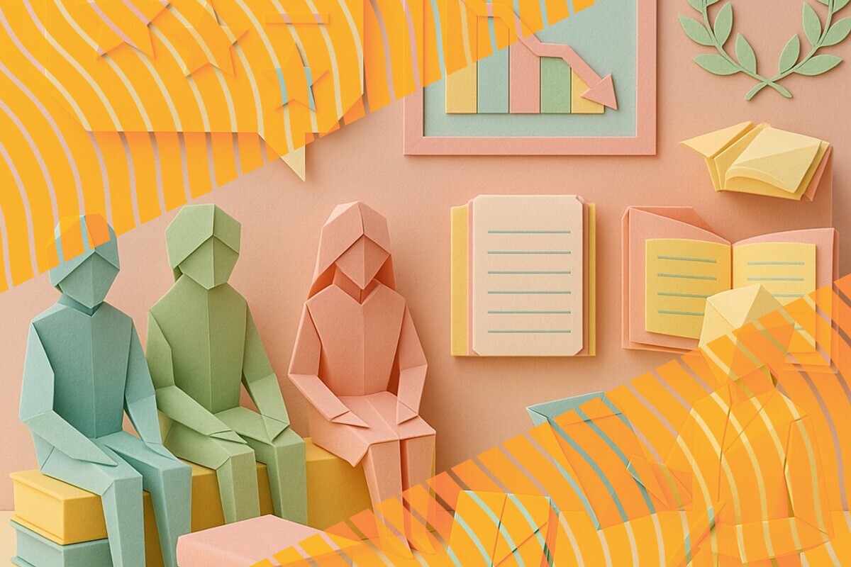 Abstract illustration representing student evaluation scores, open comments, and academic wellbeing in higher education