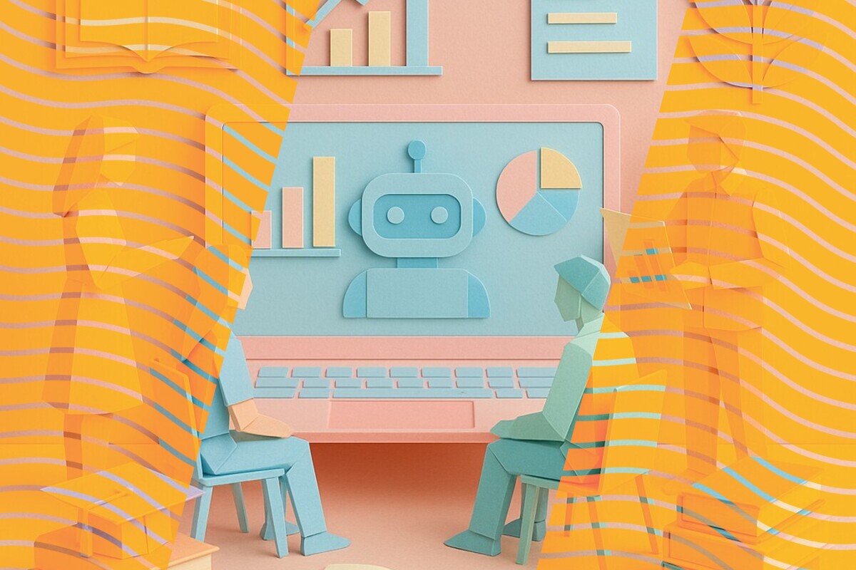 Abstract illustration representing AI chatbots, student support, and engagement in higher education