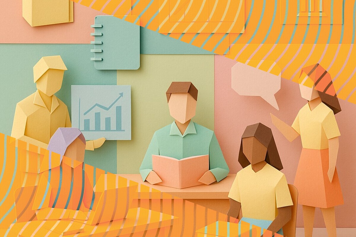 Abstract illustration representing student belonging, survey analytics, and higher education support