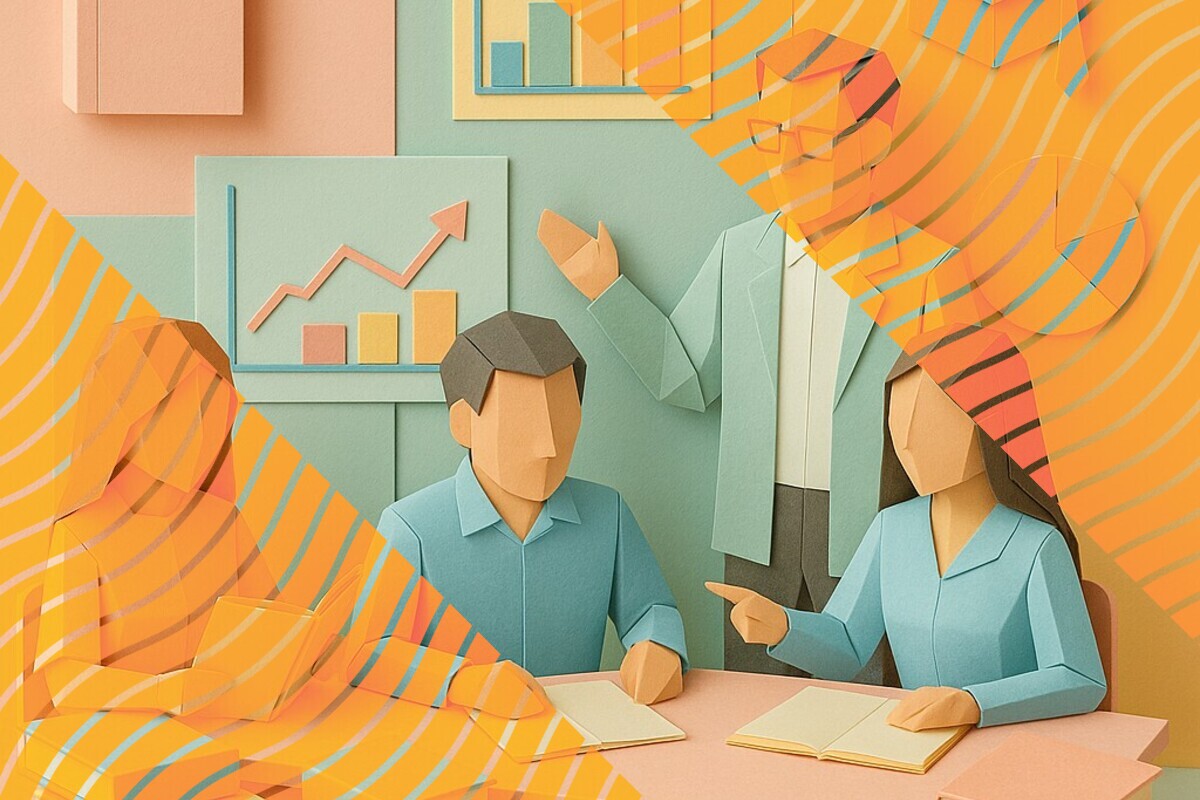 Abstract illustration representing student representatives, quality assurance meetings, and course evaluation evidence in higher education