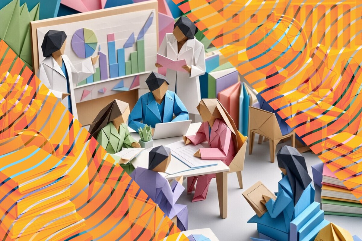 Abstract illustration representing teacher care, classroom interaction, and student engagement in higher education