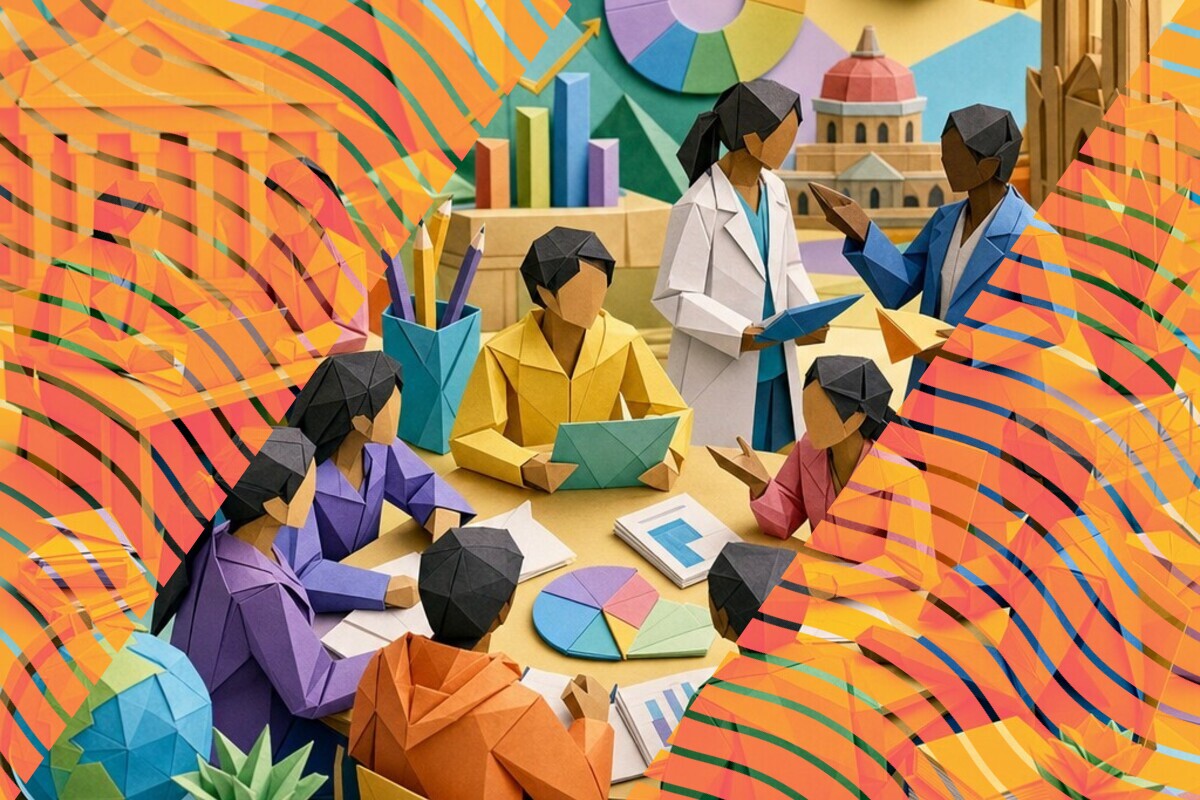 Abstract illustration representing student voice, classroom interaction, and collaborative learning in higher education