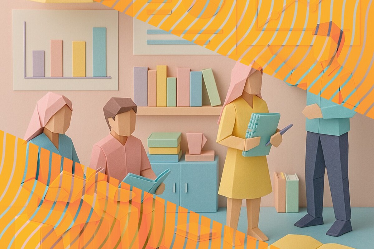 Abstract illustration representing international postgraduate integration, peer support networks, and institutional support in higher education