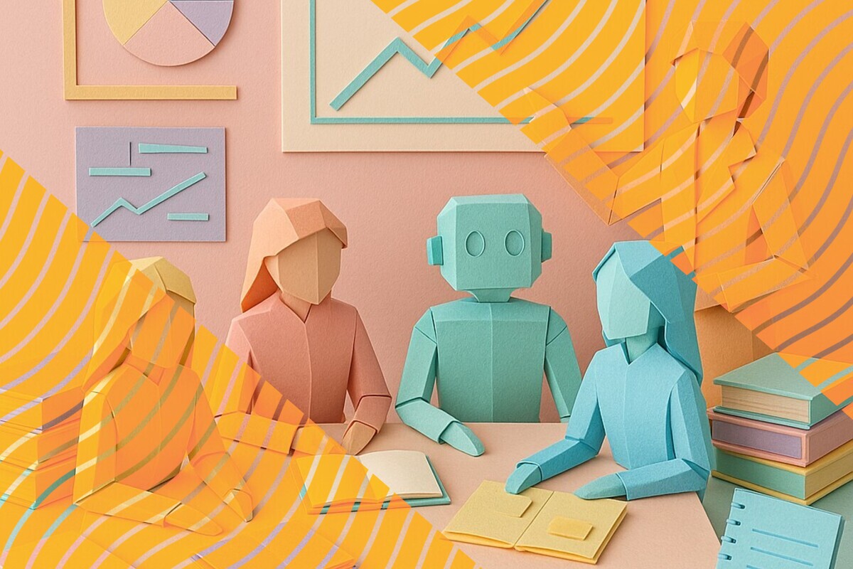 Abstract illustration representing students interpreting assessment feedback with AI support and human academic oversight