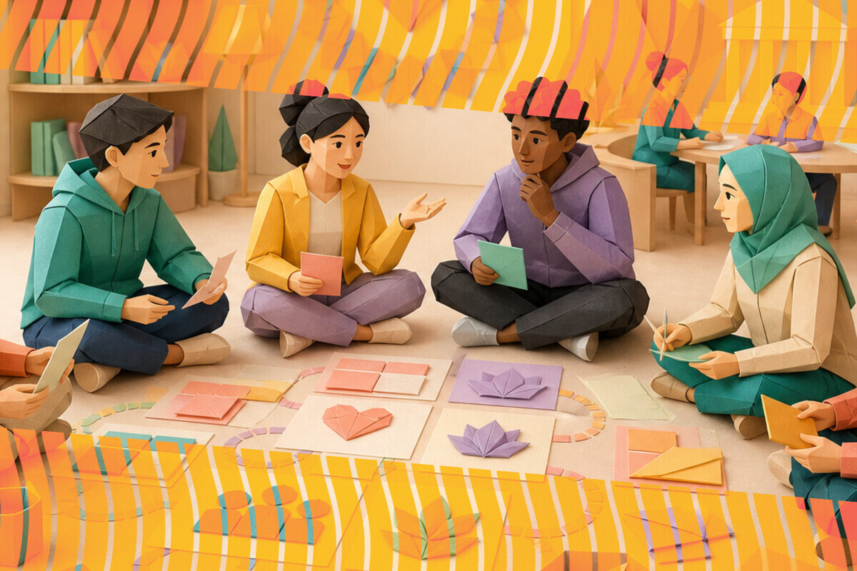 Abstract illustration representing student-led consultation, wellbeing strategy, and partnership in higher education