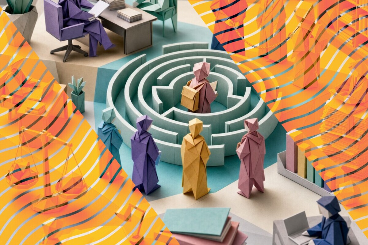Abstract illustration representing doctoral supervision, autonomy, belonging, and administrative complexity