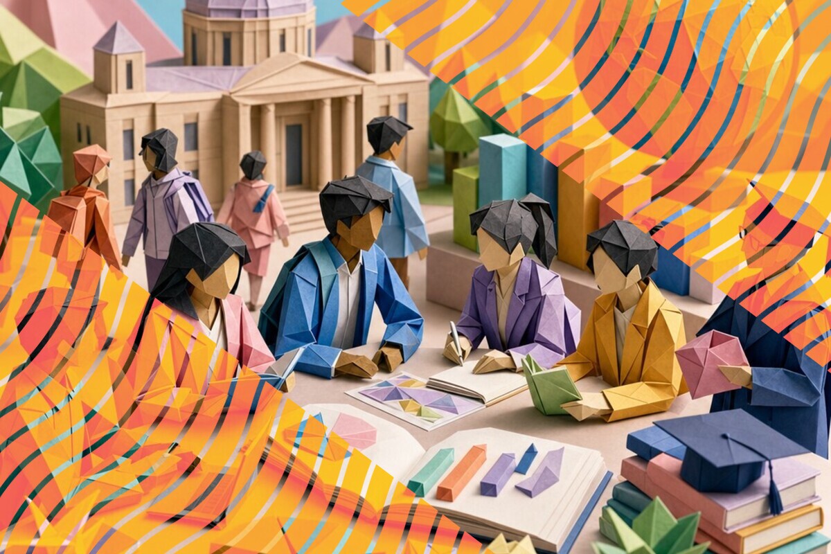 Abstract illustration representing international student choices about university fees, rankings, visas and graduate work