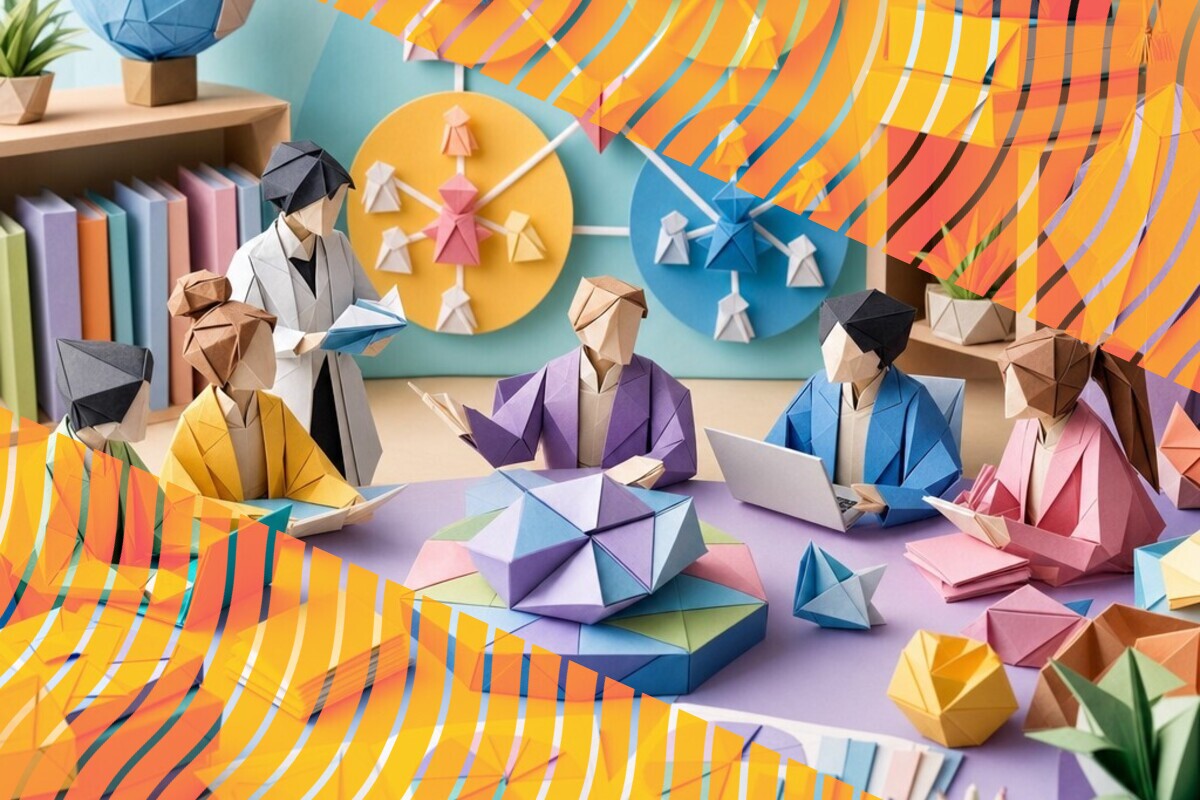 Abstract illustration representing the people, tools, work, and support networks around a university placement student