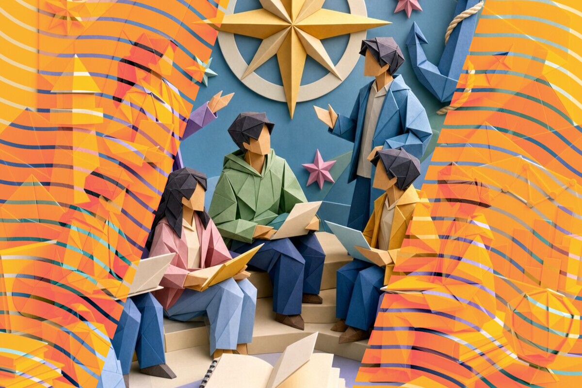 Abstract illustration of first-year students navigating learning through relationships with lecturers, teaching assistants, and peers