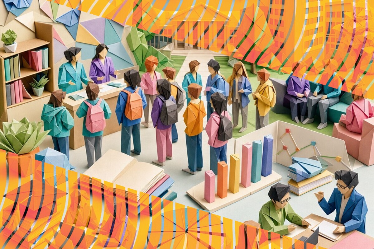 Abstract illustration representing first-year students building confidence and connection during an interactive university orientation day