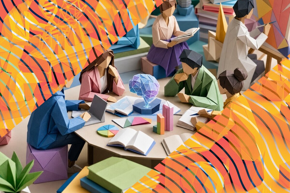 Abstract illustration representing student confidence, critical thinking, creativity, and Generative AI in higher education