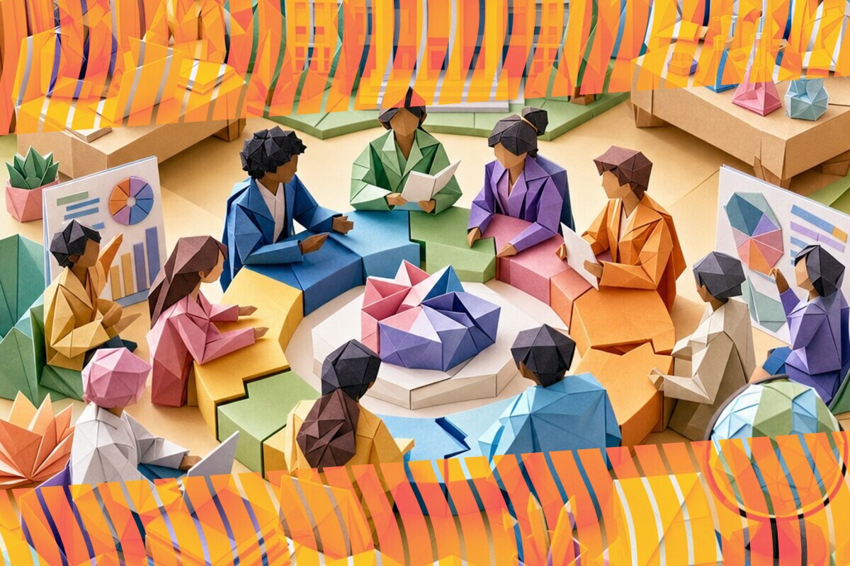 Abstract illustration representing student voice connecting university strategy, programmes, staff, and students