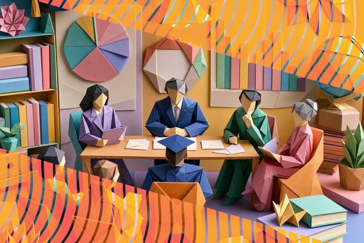 Abstract illustration representing doctoral viva feedback, examination fairness, and researcher development
