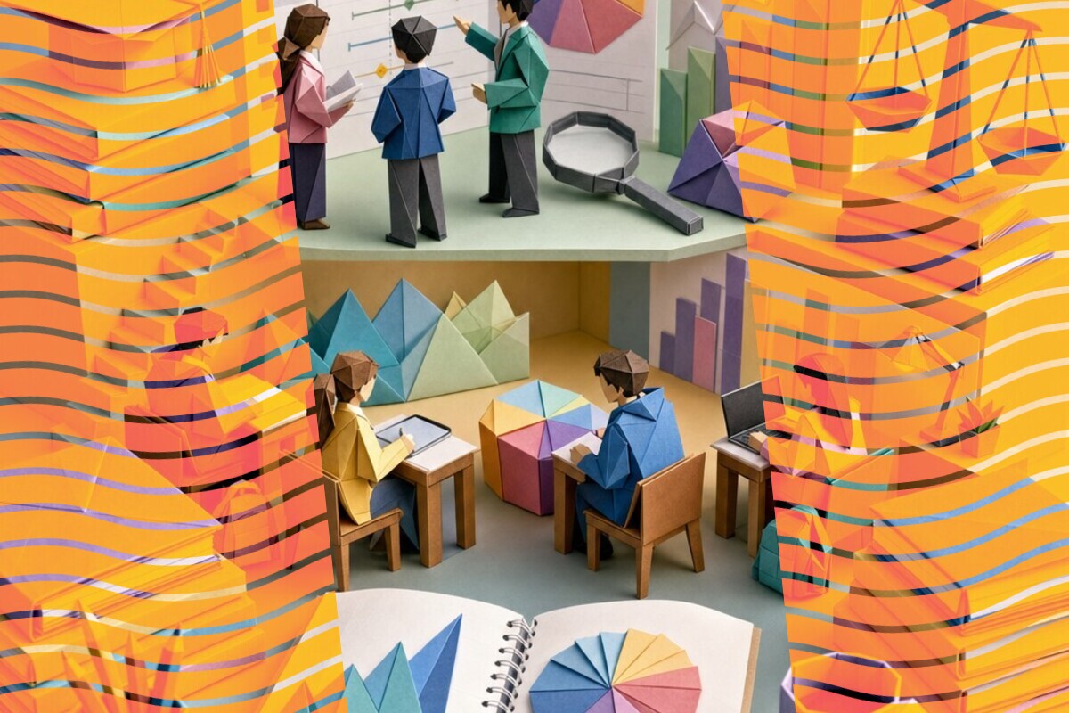 Abstract illustration representing student evaluation ratings, written comments and evidence of learning