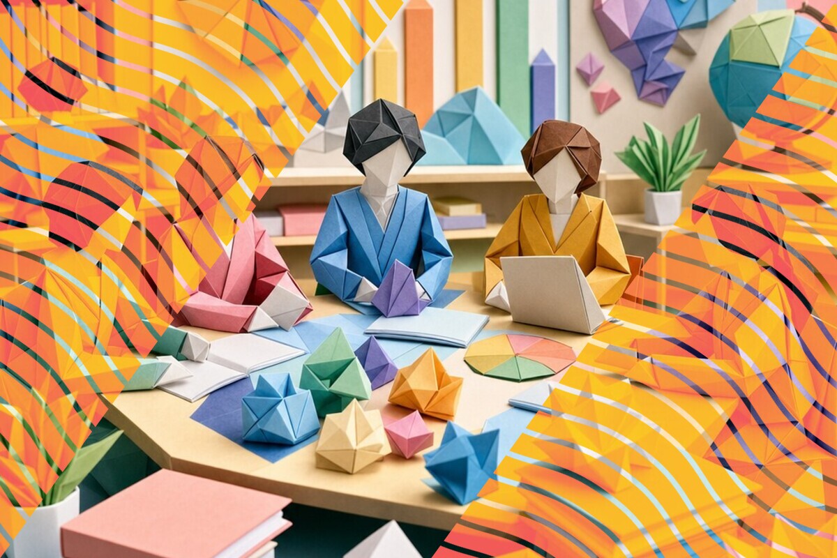 Illustration of students and university staff discussing expectations and decisions in a partnership project