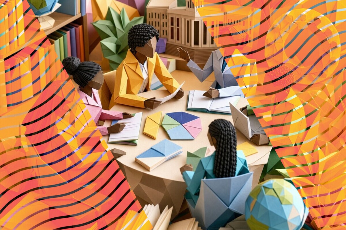 Illustration of students and university staff discussing differing views around a meeting table