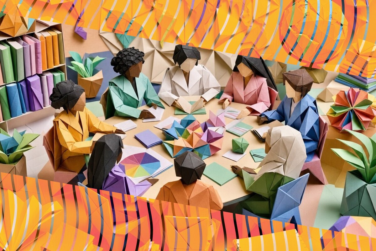 Illustration of students and staff discussing different perspectives on curriculum content
