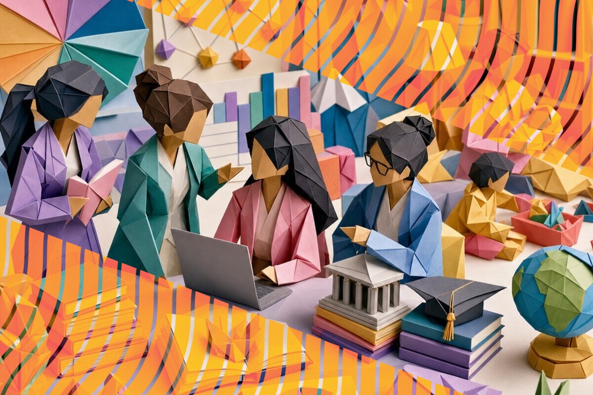 Illustration of women doctoral researchers discussing study schedules, family responsibilities and university support