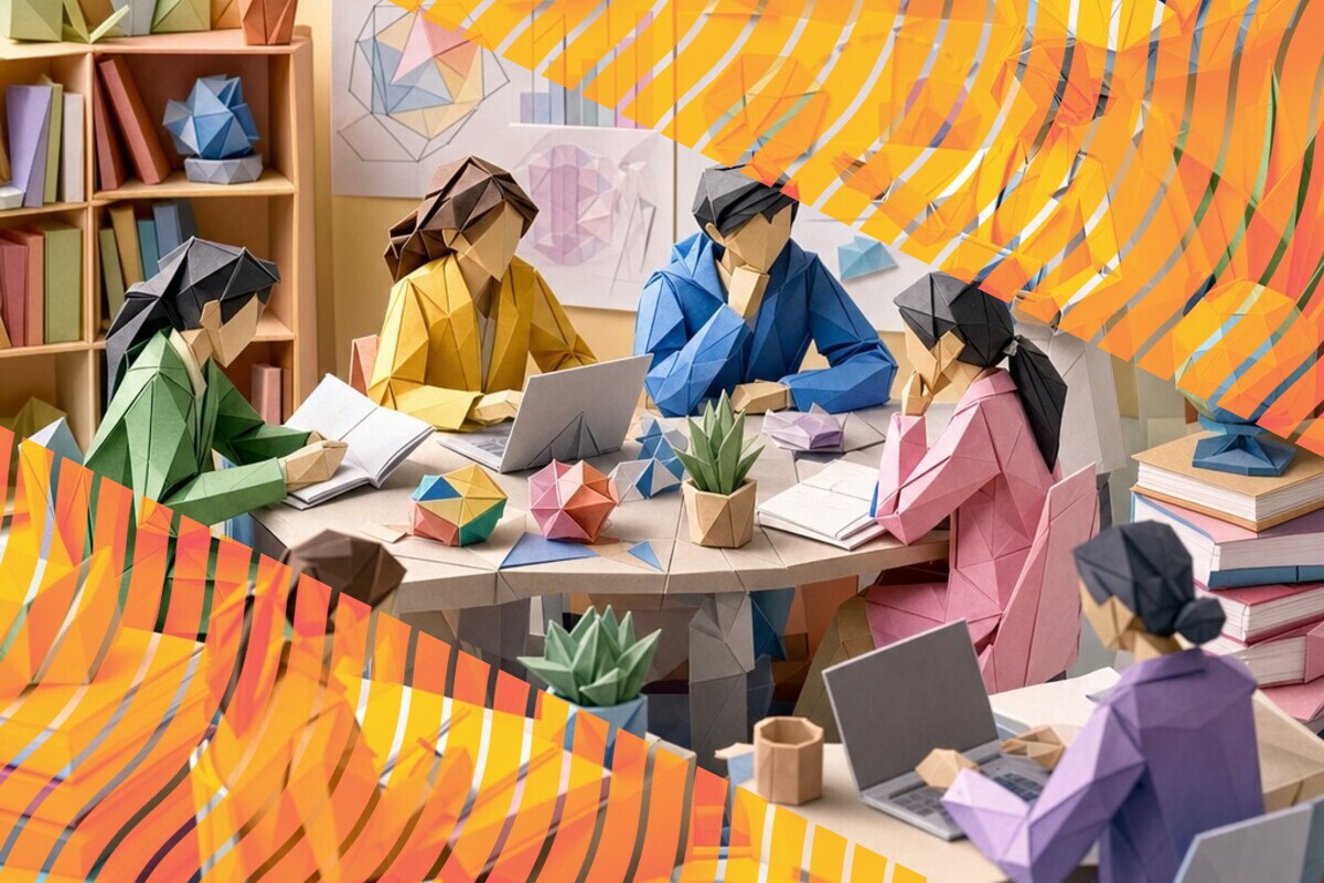 Illustration of university students discussing AI guidance and ownership of their academic work
