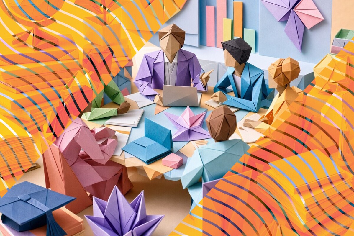 Illustration of doctoral researchers and community contributors discussing research plans and university support