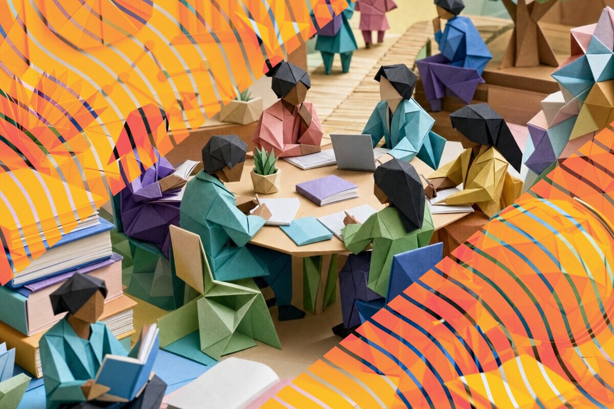 Illustration of university students and staff discussing different interpretations of written responses