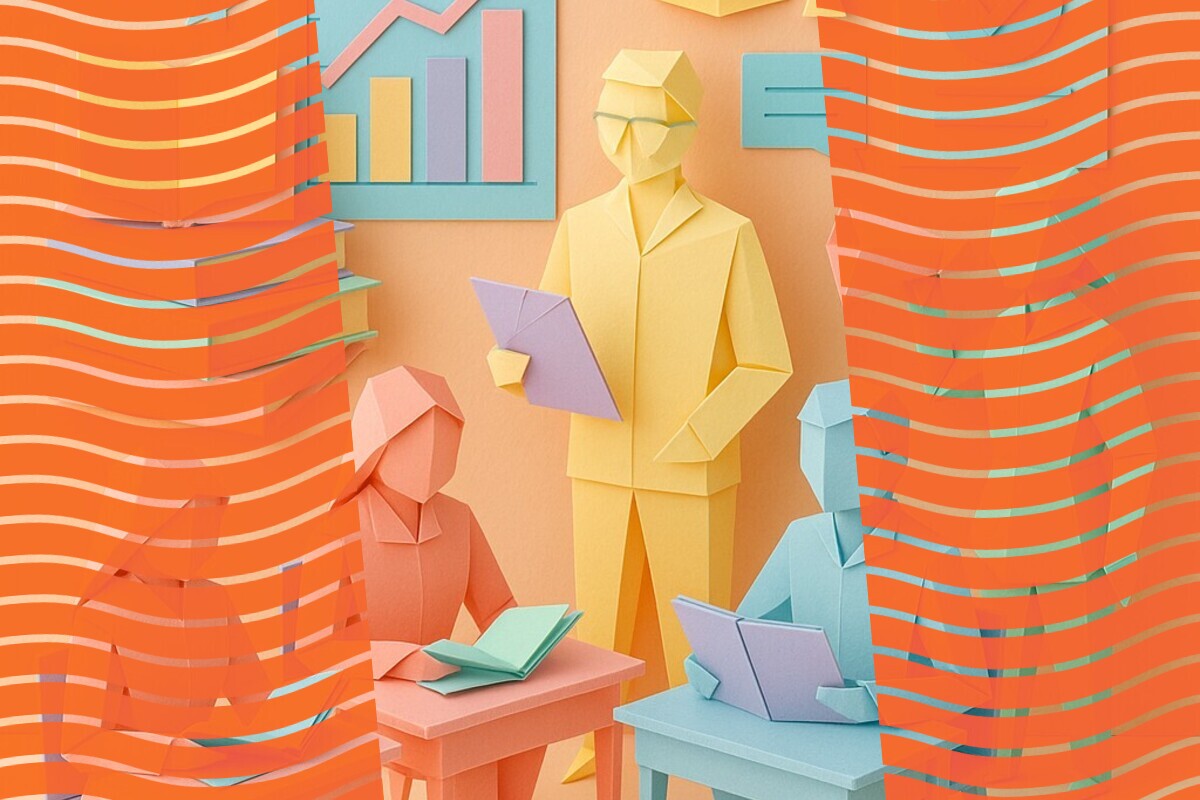 Abstract papercraft illustration of three people with charts and documents, representing student feedback and quality review in transnational education