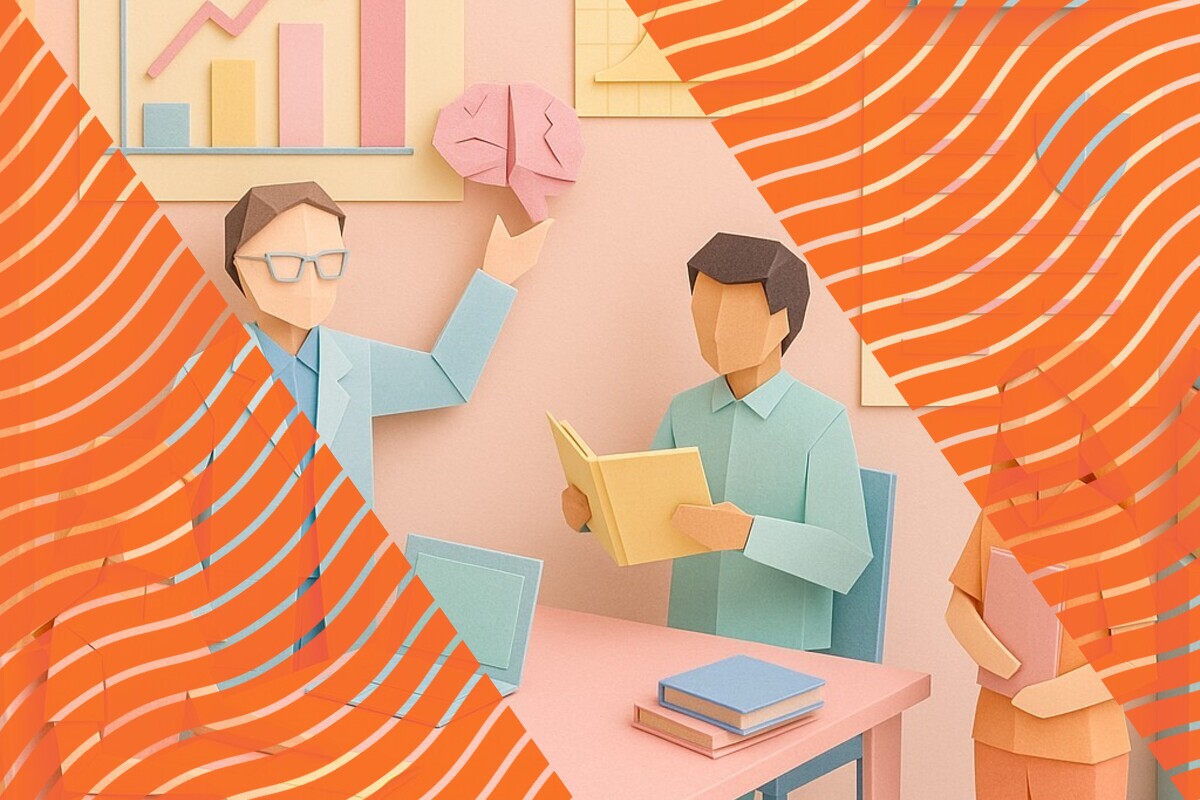 Abstract paper-cut illustration of university staff discussing AI readiness, data, and learning
