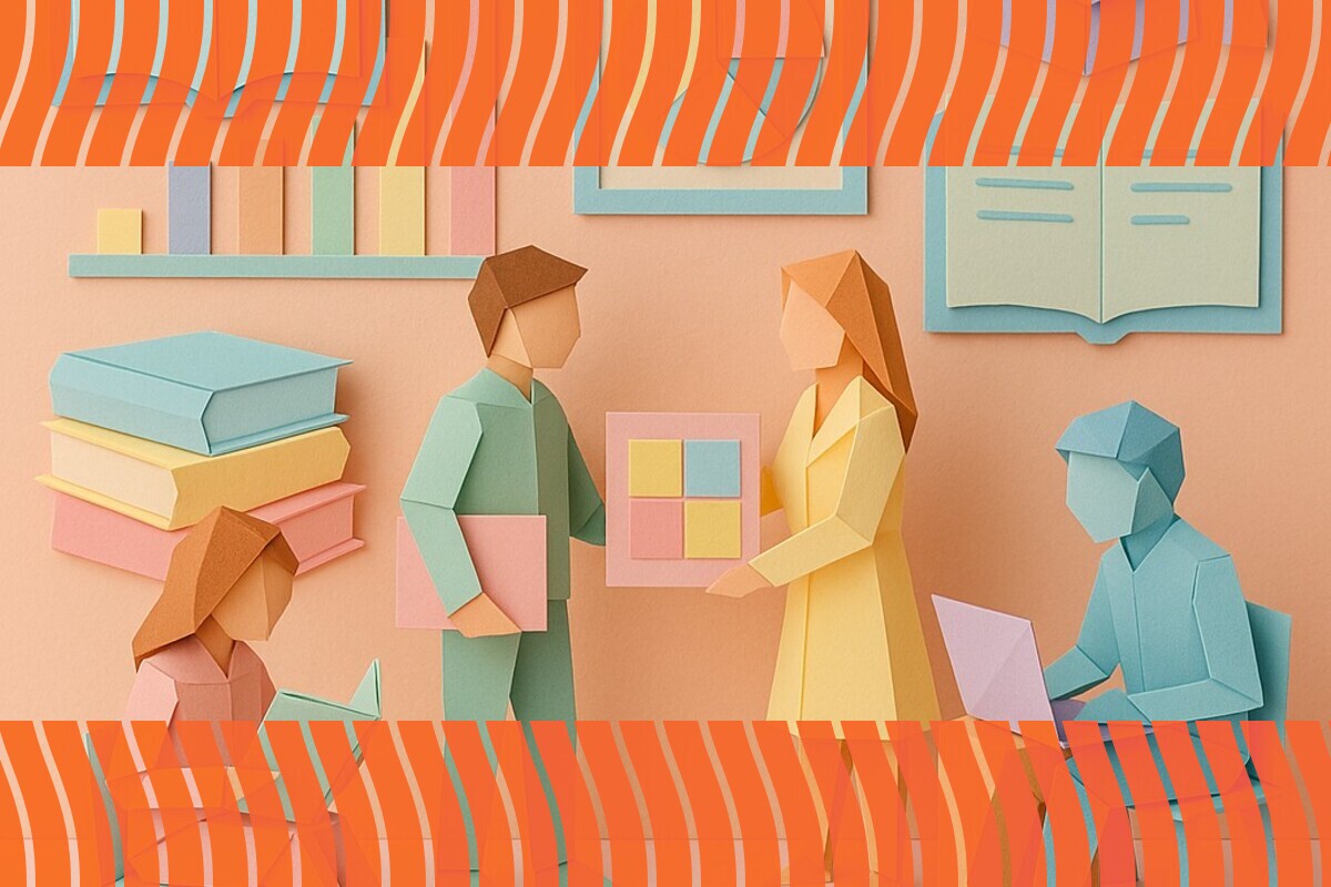 Paper-cut style illustration of students comparing colourful image tiles with charts and books