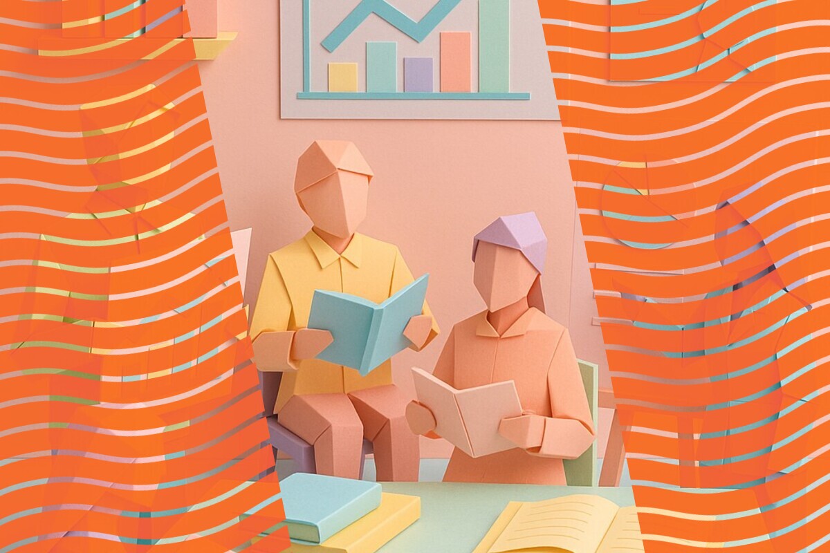 Paper-cut illustration of two students reading beneath an upward-trending chart