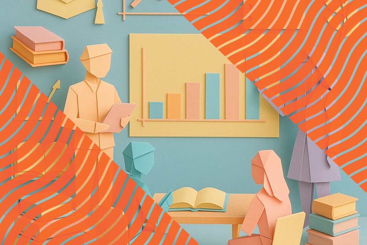 Origami illustration of students reviewing charts and digital experience survey evidence