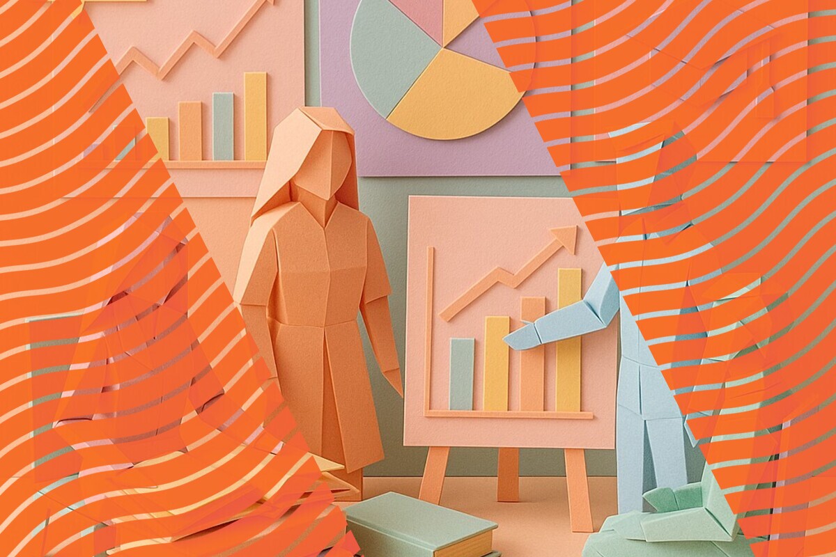 Paper-cut illustration of two people reviewing rising charts and survey results