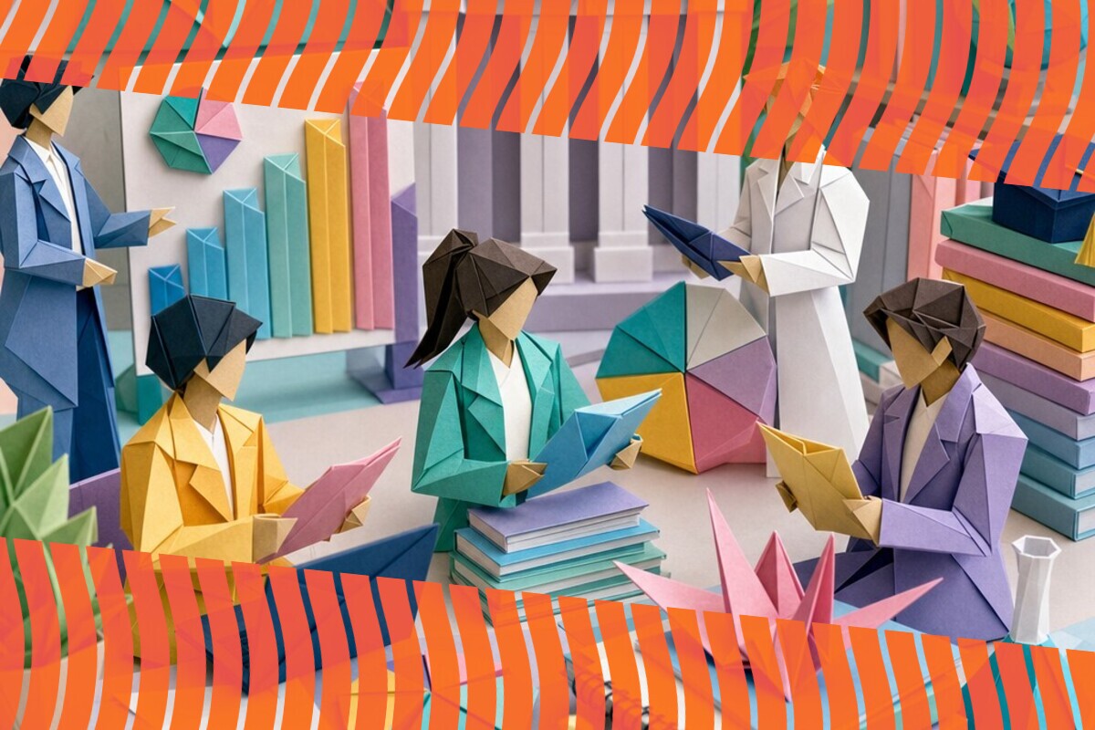 Paper-craft illustration of analysts reviewing reports beside charts and stacks of data documents
