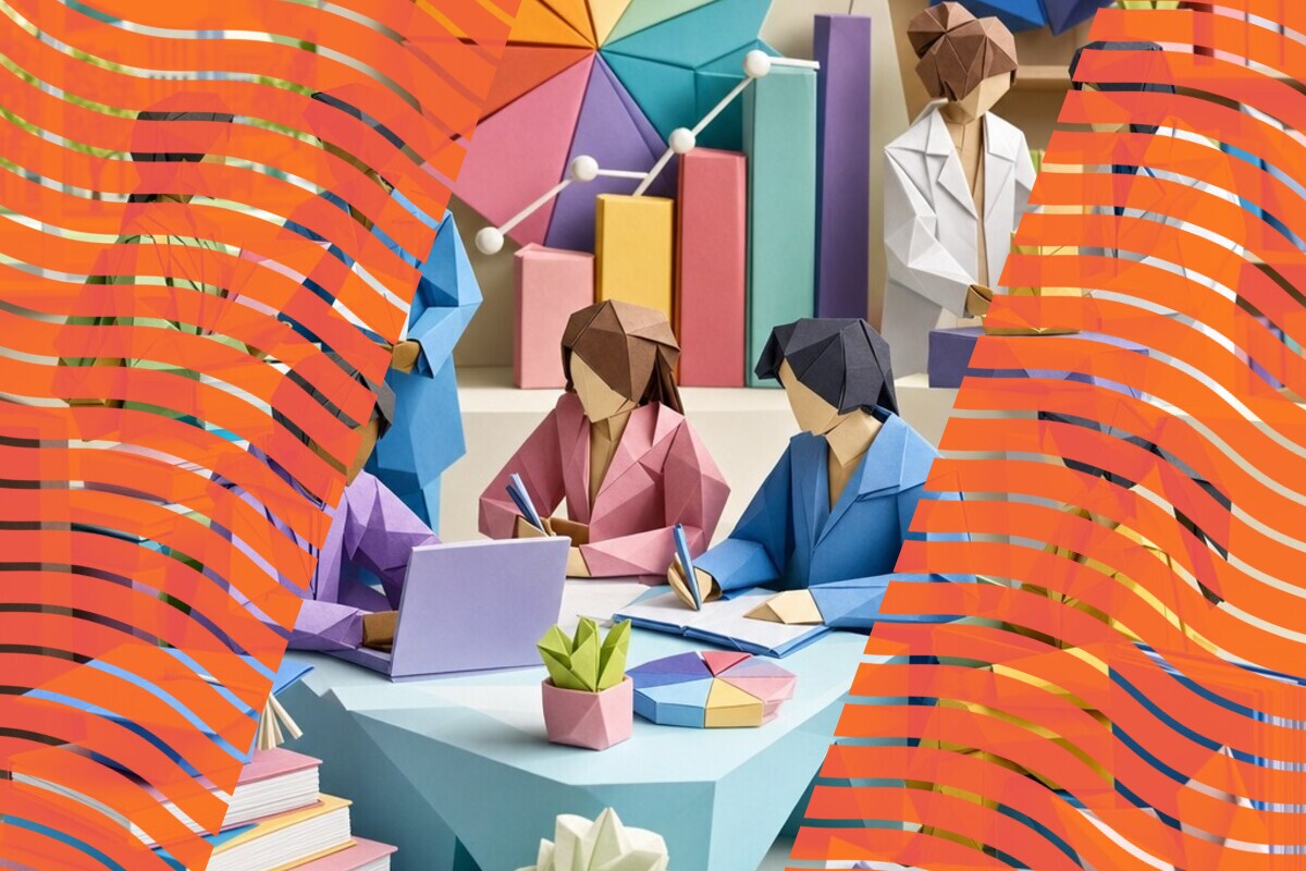 Papercraft illustration of people reviewing feedback around a table, with colourful charts in the background